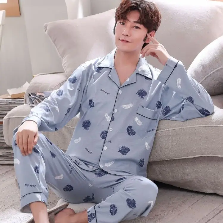 

Spring And Autumn Pure Cotton Men Pajamas Long Sleeve Korean-style Middle-aged Casual Thin Plus-sized Homewear Set 691
