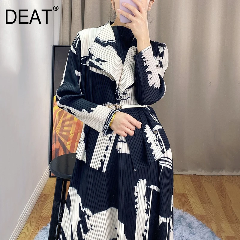 DEAT Woman Pleated Coat Ink Painting Hit Color Long Sleeve Cardigan Loose Oversized Jacket Casual Style 2021 New Autumn 15XF503 | Женская