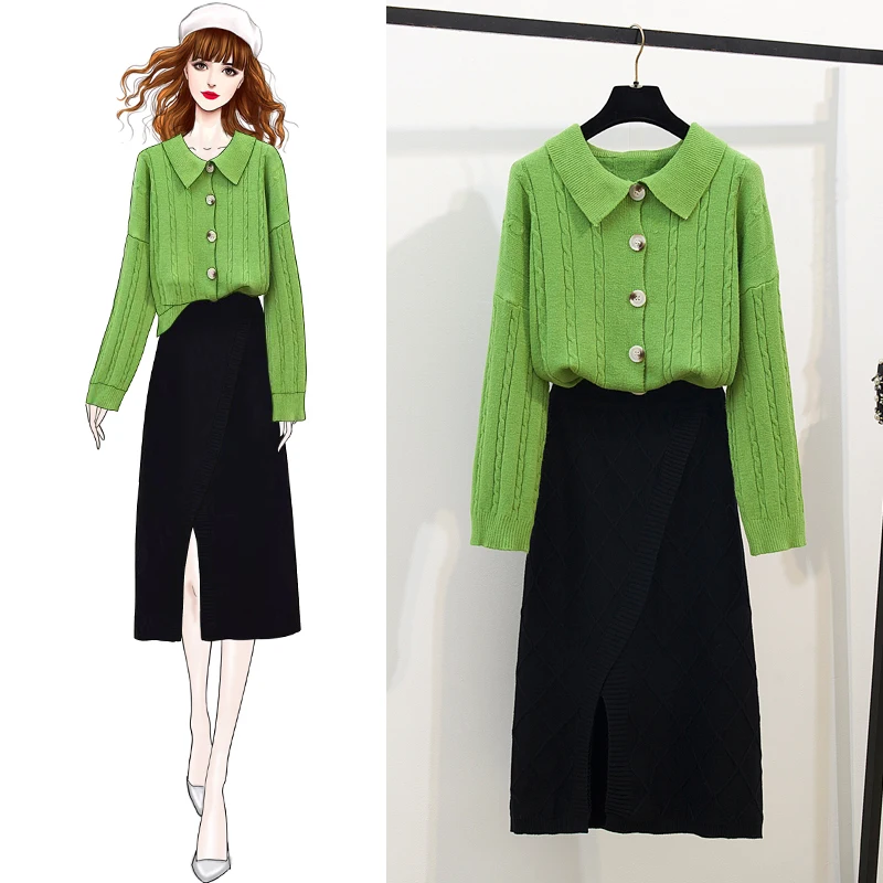 

Fashion Sweater Single-Breasted Loose Turtleneck Sweaters Suits High Waist Split Knitting Skirt Two-Pcs Clothing Set Outfit
