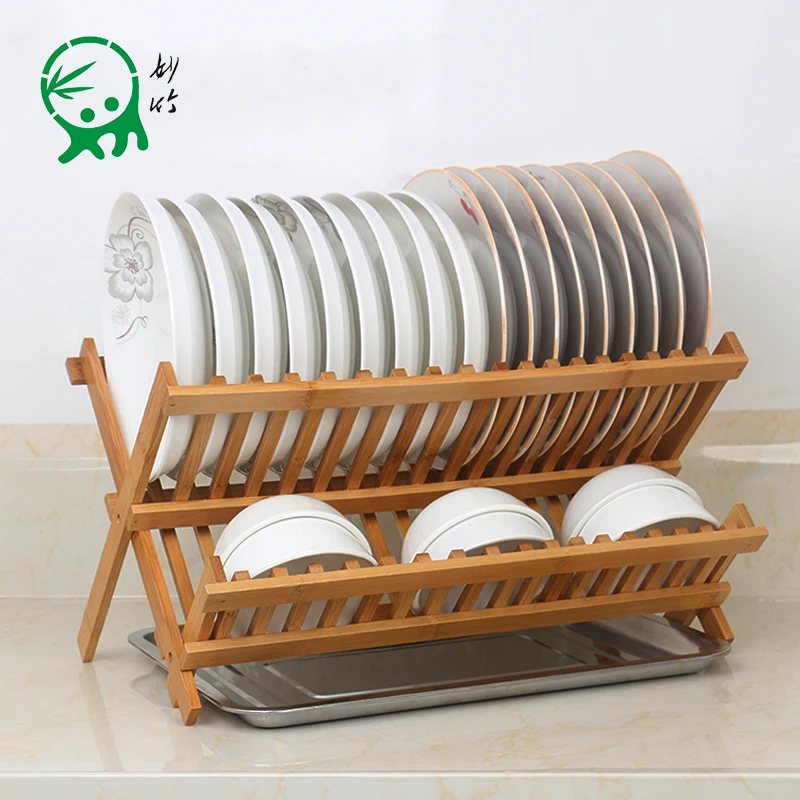  Bowl shelf tableware rack double layer kitchen drain rack bamboo dish rack storage rack kitchen app - 4000456029565