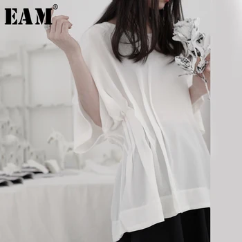 

[EAM] Women White Pleated Split Joint Big Size T-shirt New Round Neck Half Sleeve Fashion Tide Spring Summer 2020 1T533