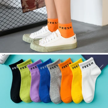

Hot Fashion Women Socks Cotton Funny Solid Color Letter Soft Happy Cute Harajuku Hip Hop Casual College Style Girls Ankle Socks
