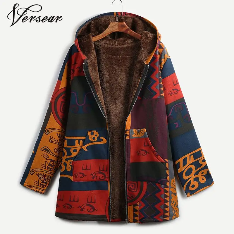 

Versear Winter 2019 Women Floral Print Coat Hooded Jacket Open Front Warm Outerwear Overcoat Plus Size S-5XL Manteau femme
