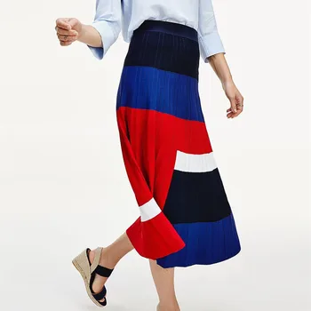 

New Fashion Women Knitted Midi Skirt Ladies Spring Summer Color Patchwork Elastic Waist Casual Pleated Long Skirts Knitwear