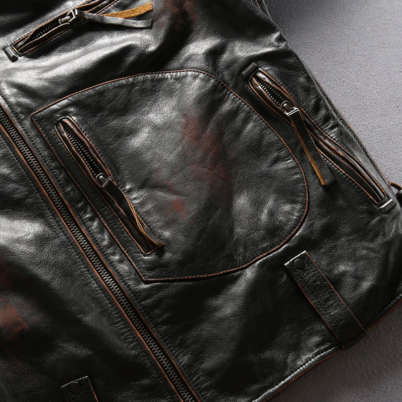 

2020 Vintage Black Men American Style Motorcycle Leather Jacket Plus Size 6XL Genuine Thick Cowhide Winter Thick Biker's Coat
