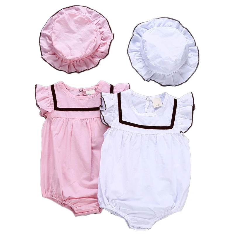 Infant Girls Pink Romper Tops One Piece Sleeveless Ruffle Jumpsuit with Hat Set Solid Color Soft Cotton Lady Girl Style Clothes |
