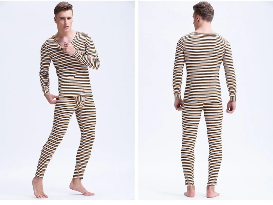 Aismz Winter Mens Warm Thermal Underwear Mens Thermo Sexy Fashion Striped Thermal Underwear Sets Cotton Long Johns for Man