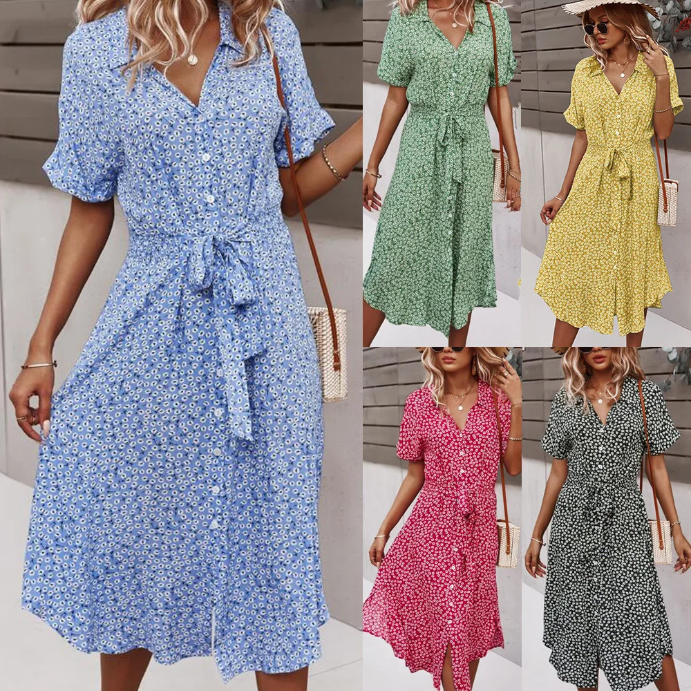

Women's printed dress casual holiday style 2021 spring and summer sexy big swing skirt
