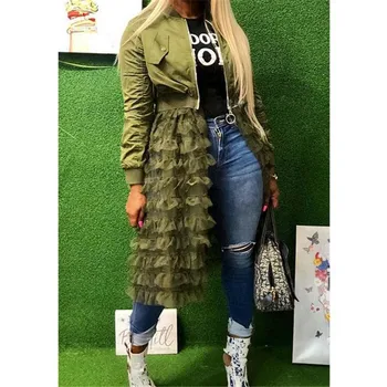 

Women Autumn Solid Casual Mesh Lace Splice Jacket Ladies Fashion Coat Zipper Down Outwear Tops Females New Clothing Hot Sell