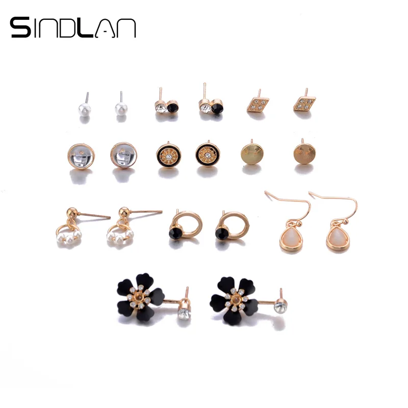 Sindlan 10 пар, винтажные жемчужные серьги-гвоздики со стразами, набор, черные серьги с цветком и кристаллами, маленькие серьги для женщин, серьги-гвоздики, ювелирные изделия