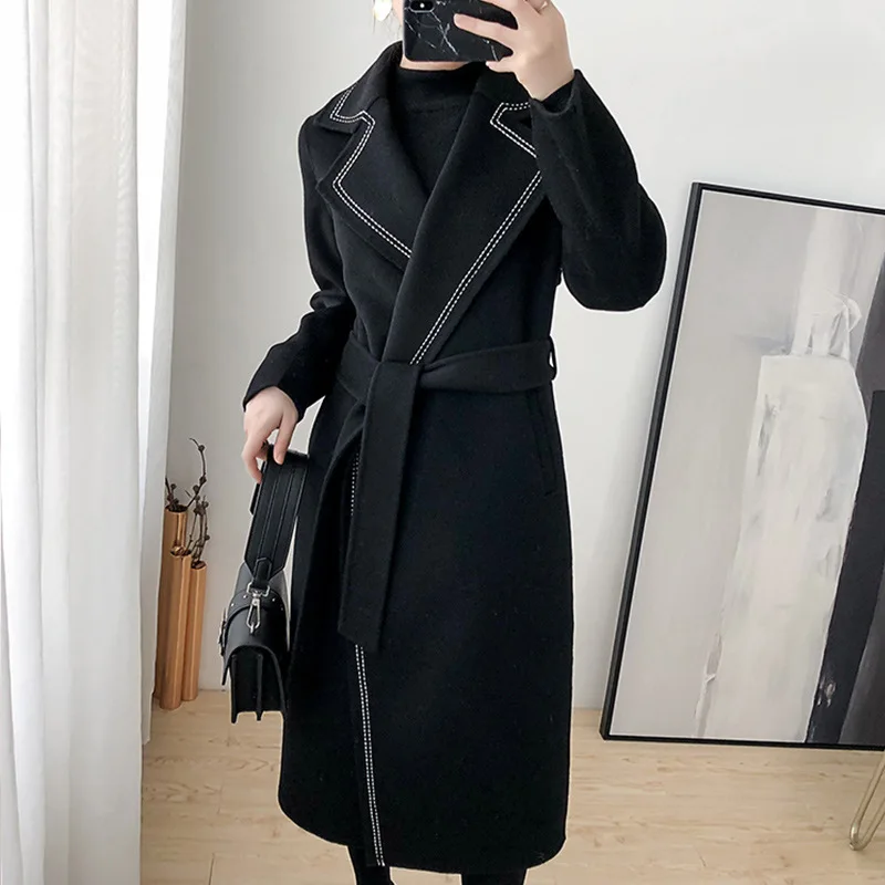 

2021 Autumn Winter Korean Fashion Woolen Coat Women's With Belt Black Long Thick Double-Sided Cashmere Warm Cardigan Elegant