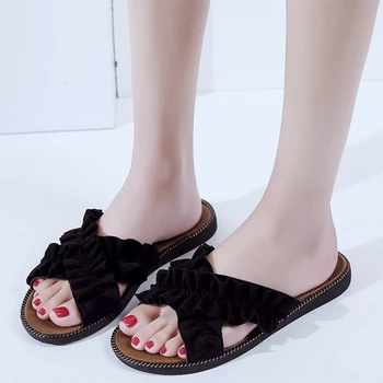 

Summer Women Slippers Female Ruffles Slides Slip On Flats Woman Comfortbale Sandals Ladies Beach Casual Footwear Shoes 2020