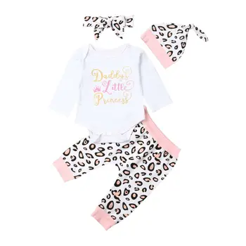 

4PCS Set Little Princess Newborn Baby Girl Long Sleeve Cotton Bodysuit Tops Leopard Pant Headband Hat Outfits Autumn Clothes