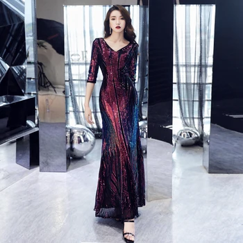 

wei yin AE0295 New Style Sparkle Evening Dresses Long Sequined A-Line V-Neck Half Sleeve Formal Dresses Robe De Soiree