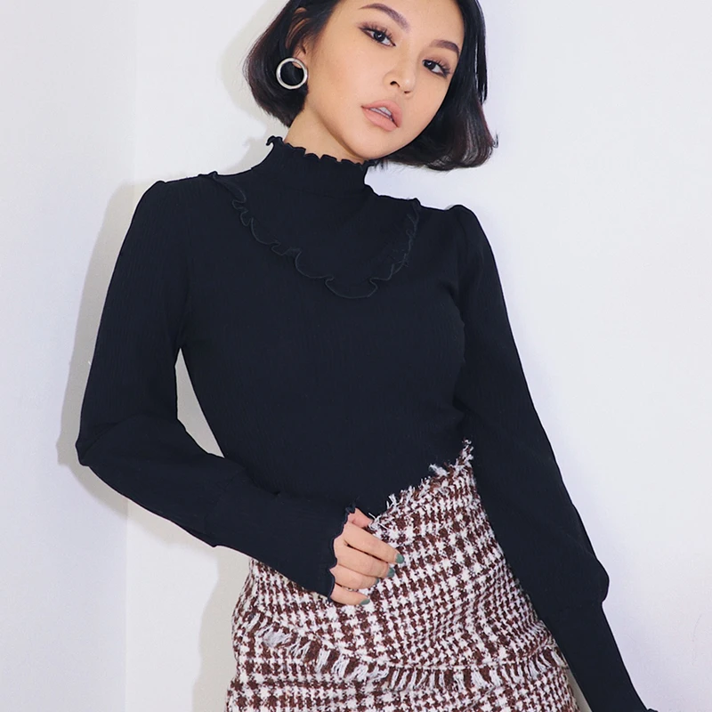 Новинка 2019 модная женская одежда эластичная Облегающая рубашка с высоким