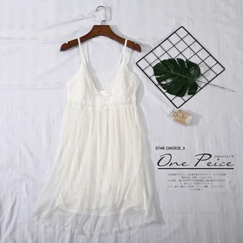 

Nightgown Sexy Deep V-neck Women Spaghetti Strap Nightdress White Lace Short Home Dressing Gown Casual Loose Summer Nightwear