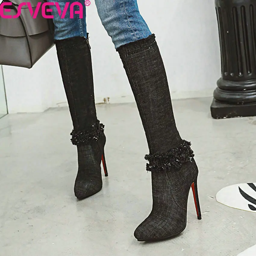 

ESVEVA 2020 Sexy Pointed Toe Thin High Heel Autumn Winter Women Shoes Denim Fashion Platform Zipper Knee High Boots Size 34-43