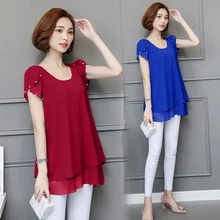 

2022 Summer Women's Ruffle Solid Shirt Blouse For Women Loose Chic Beads Short Sleeve Tops Chiffon Shirts Ladies Plus Size 5XL