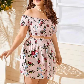 

Plus Size Suit Printing One-shoulder Sweet Vacation Leisure Suit Pregnant Women Can Wear 2020 Summer New Style