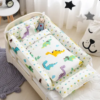 

4pcs Baby Bed with Pillow Portable Crib Travel Bed Infant Toddler Cradle for Newborn Bassinet Bumper Washable Quilt Pillow