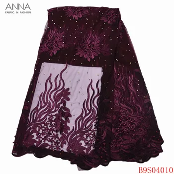 

Anna latest african beads lace fabric high quality embroidery stones 5 yards/piece french tulle laces fabrics for garment sewing