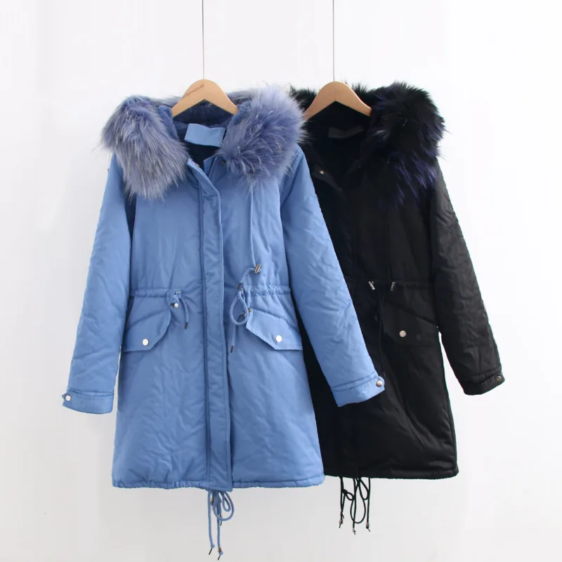 

2020 New Rabbit Hair Liner Parker Fashion Adjustable Waist Fur Collar Winter Jacket Women Medium Long Hooded Parka Padded Coat