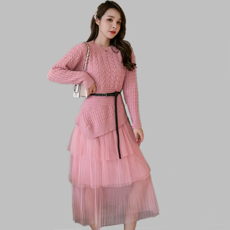 Photo Color SMTHMA, высокое качество, новинка, зимний женский кашемировый свитер с кроликом, комплект из двух предметов, вязаные комплекты,, модная розовая юбка-пачка в сеточку+ Бесплатный Пояс - Цвет: Photo Color