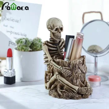 

Craft Skull Pen Storage Holder Stationery Box Decor Skeleton Halloween Cosmetic Makeup Brush Organizer Decoration for Desktop