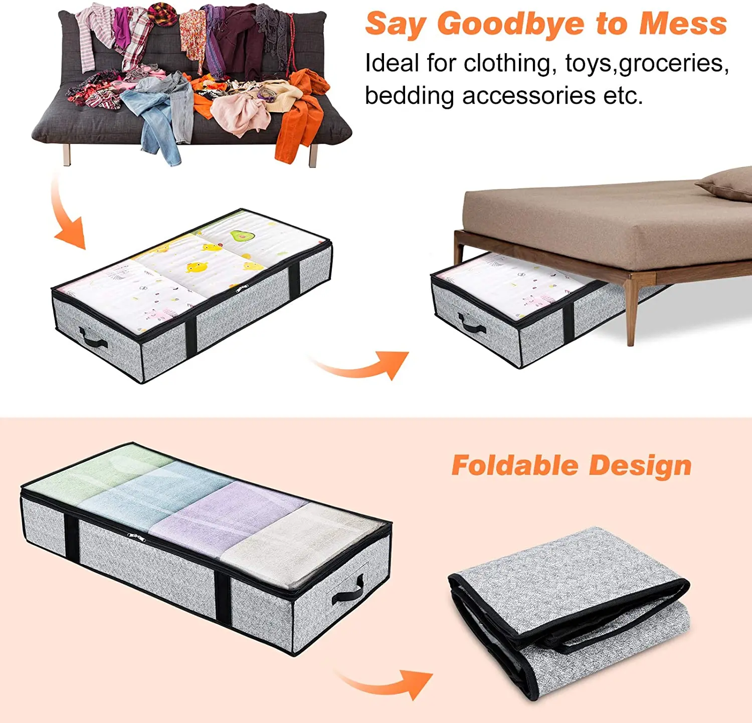 Foldable Underbed Storage Containers-2 Pack Under Bed Storage Bag for Clothes Comforters Bedroom Blankets Bag Organizer