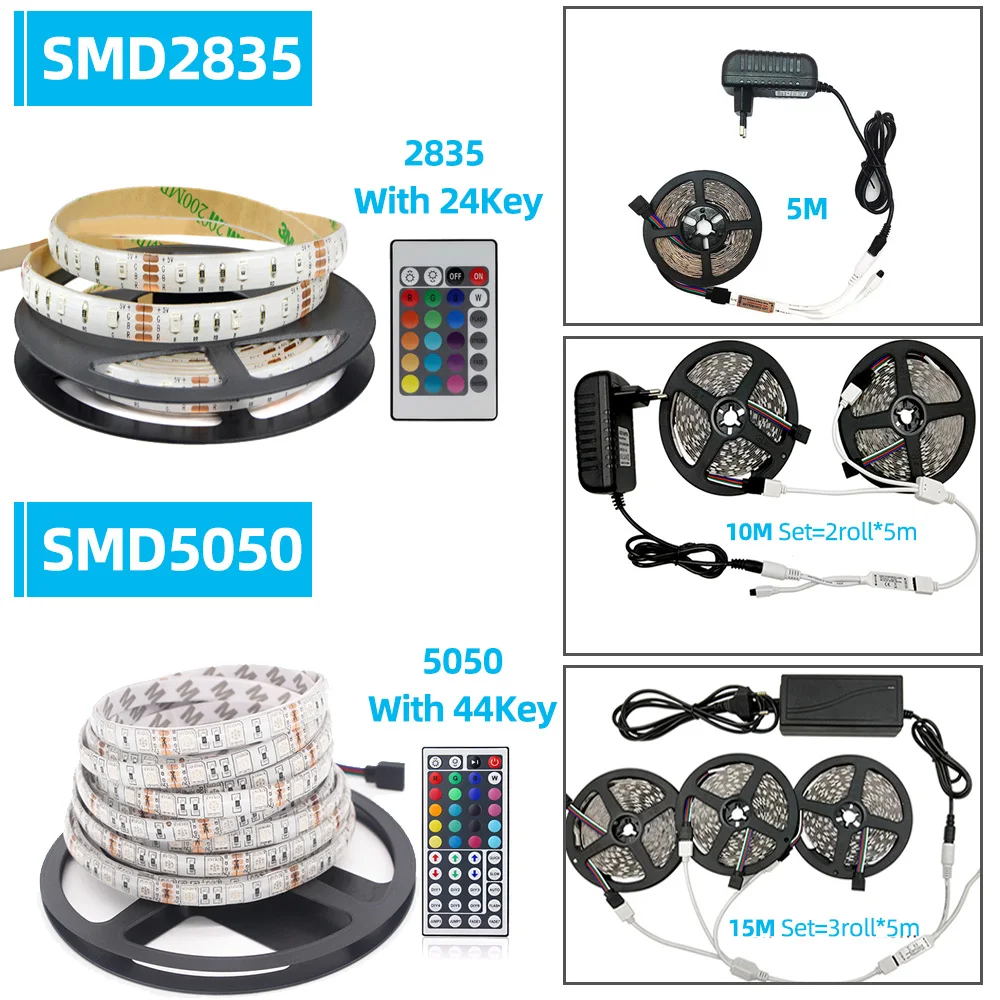 SMD 5050 SMD 2835 RGB Светодиодная лента водонепроницаемая гибкая Диодная лента 5 м 10 м 15 м Светодиодная лента 12 В с пультом дистанционного управления