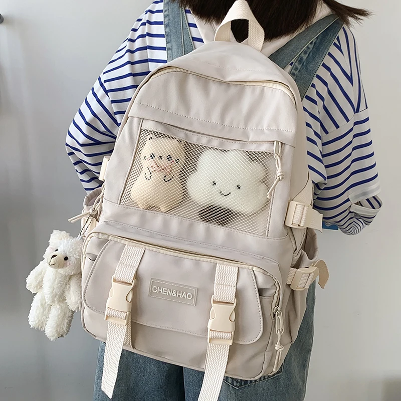EnoPella-Mochila De Viaje Kawaii para mujer, morral escolar de nailon negro, resistente al agua Mochila de viaje, Mochila universitaria para chica
