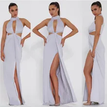 Robe de soirée longue Sexy en mousseline de soie, col haut, avec fermeture éclair et plis