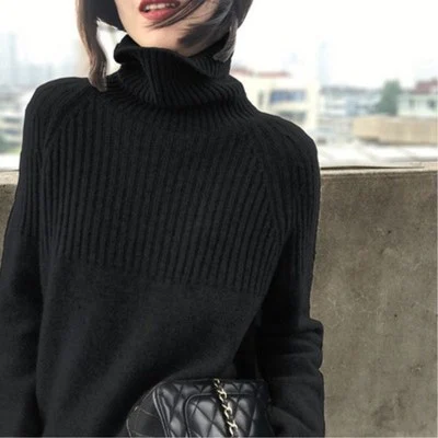 Женский свитер весенний высококачественный мягкий кашемировый свитер с высоким воротом и длинным рукавом женский модный теплый однотонный вязаный пуловер - Цвет: Черный