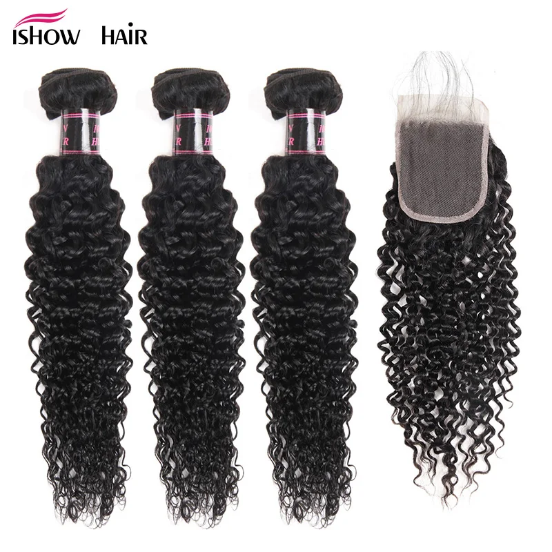 

Ishow Hair Indian Curly Lace Closure 100% Human Hair Bundles With Closure 4*4 Free Part Natural Color Non Remy Hair Weaves