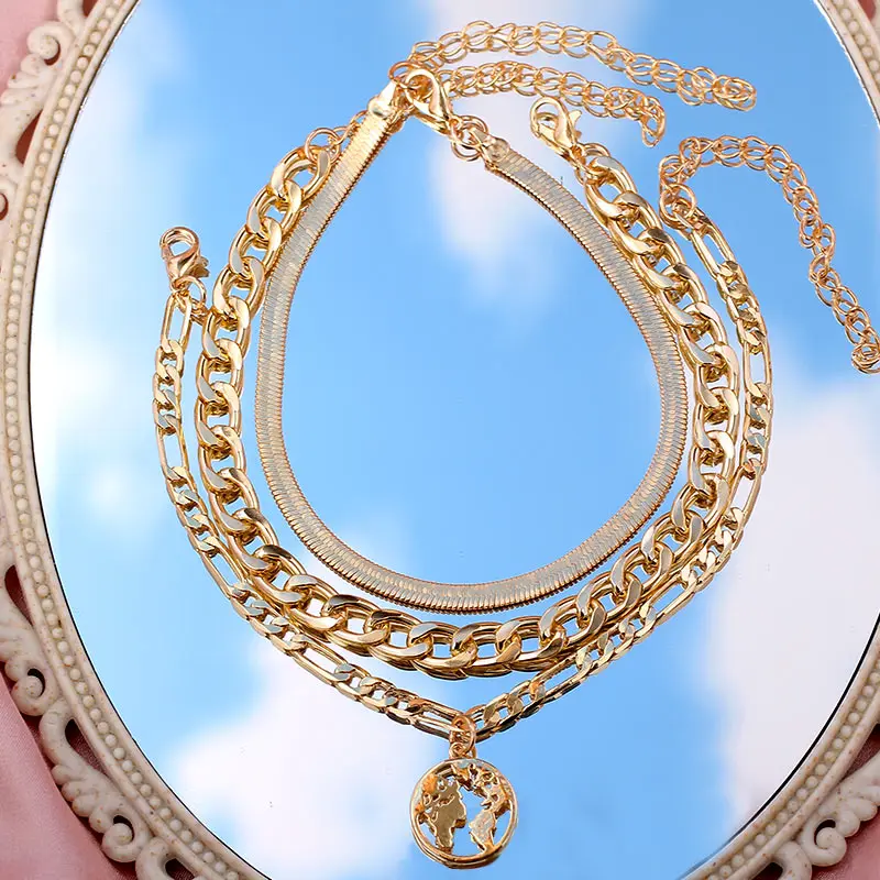 3pcs/set Gold Silver Color World Map Anklets For Women Bohemian Multilayer Anklet On Leg Fashion Beach Jewelry Foot Accessories - Image 3