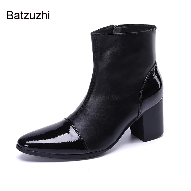 Batzuzhi Black Genuine Leather Boots Men Pointed Toe Men Boots 7CM High Heels Handsome Knight Botas Hombre Party /Wedding Men