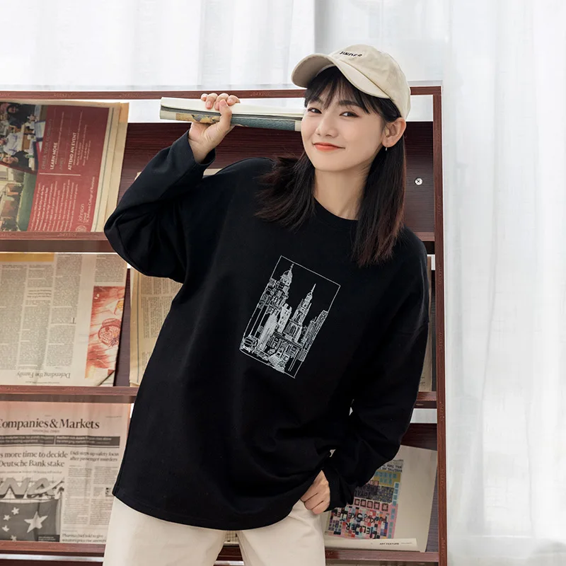 Spring Autumn Woman Tshirts Architecture Graphic Tee Full Appliques Fashion Cotton Soft Comfortable Loose Design Tops Harajuku