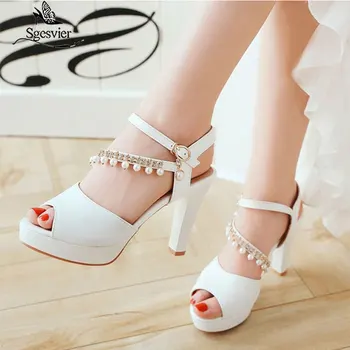 

SGESVIER Big Size 33~43 New Summer Fashion Pink White Black Color Open Toe Sandals n Sexy Ultra Thick High Heels 10CM Shoes B51