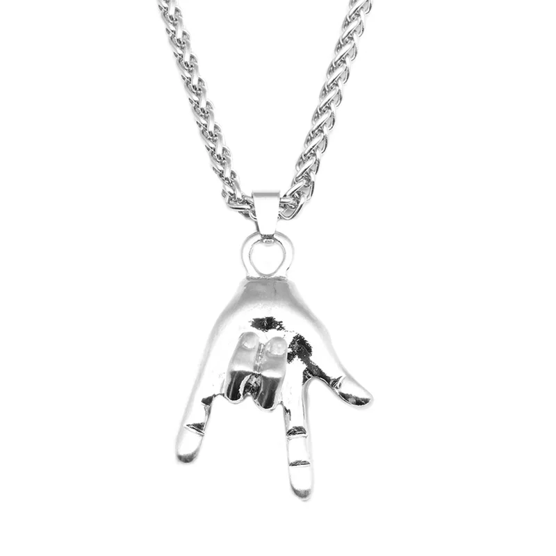 I Love You Gesture Hand Sign Pendant Chain Necklace Women Men Hip Hop Jewelry Alloy Gold Long Chain Statement Pendant Jewelry