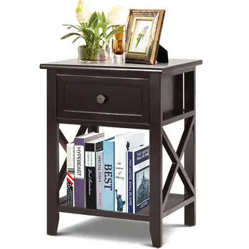 

Costway Nightstand End Bedside Table Drawer Storage Room Decor Bottom Shelf