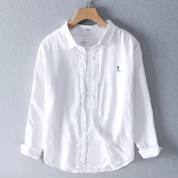 

Men Spring Summer Fashion Japan Simple Style High Quality Linen Solid Color Embroidery Shirt Minimalism Slim Fit Casual Shirts
