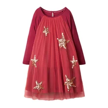 Весенне-осеннее повседневное модное Сетчатое платье принцессы с длинными рукавами и принтом звезды для маленьких девочек