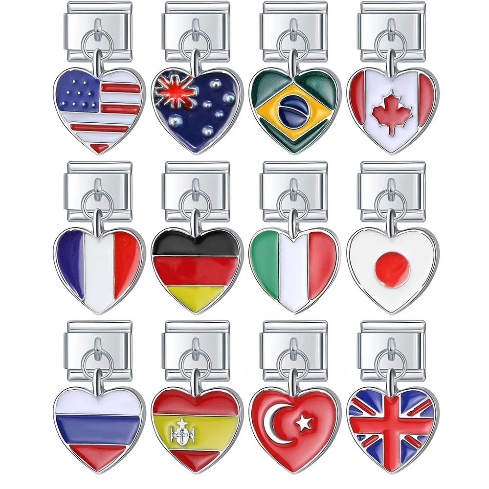 

Hapiship Fashion Sweet Romantic Heart World National Flag Italian Links Charm Fit Stainless Steel Bracelet Jewelry Making DJ036