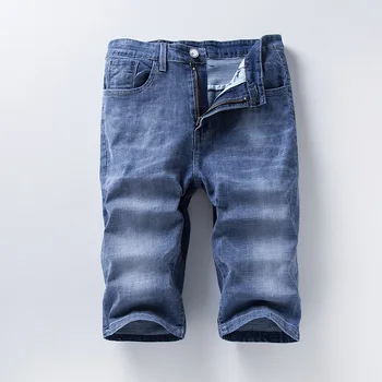 

Men Cowboy Shorts Thin Tide Brand Leisure Five Points Pants Male Straight Cylinder Slim Fit Jeans Blue