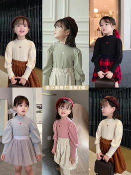 

Girls Fashion Simple Style Puff Sleeve Lovely Bottoming Shirt Spring and Autumn New Children Cotton Long Sleeve T-shirt Tops