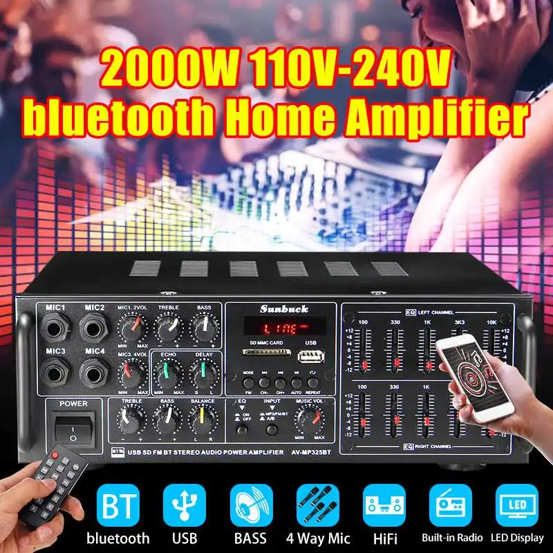 Bluetooth 5 0 2 канальный 2000 Вт усилитель для домашнего кинотеатра стерео USB AV Amp FM MP3
