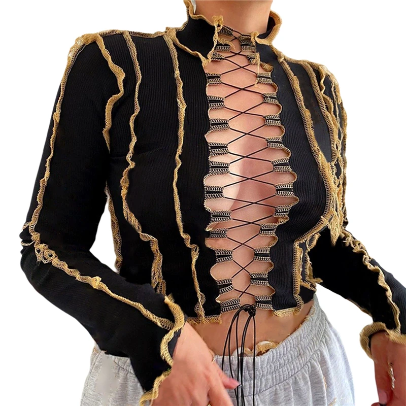 

Women's Cropped Shirt Hollow Out Top Bandage Patchwork Party High Neck Knitting Clothes T Shirt Streetwear Camiseta Feminina