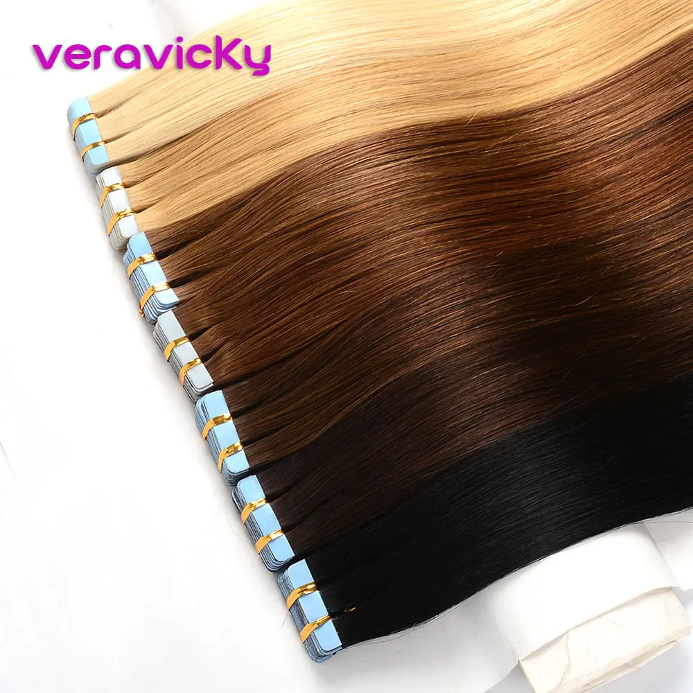 Veravicky Remy Tape In Human Hair Extensions Natural Real Hair Invisible Seamless Ash Blonde European Adhesive Hair Extensions