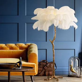 

Nordic Soft Ostrich Feather Copper Light Pole Modern Interior Lighting Decoration Living Room Bedroom Bedside LED Floor Lamp