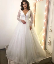 

Sparkle Wedding Dress 2021 A-Line Deep V-Neck Long Sleeve Sequins Beads Sweep Train Vintage Bride Gown Vestidos De Noiva
